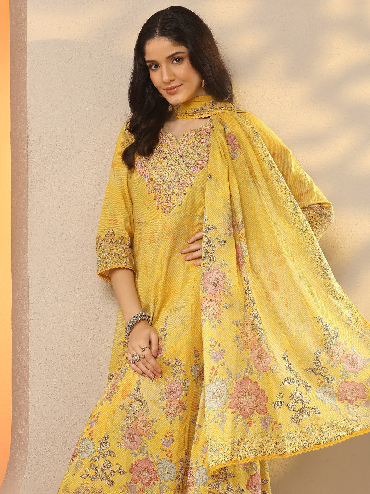 Anouk Mustard Printed Cotton Anarkali Suit Set With Dupatta
