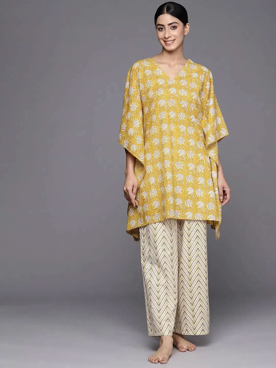 Anouk Mustard Printed Cotton Night Suit
