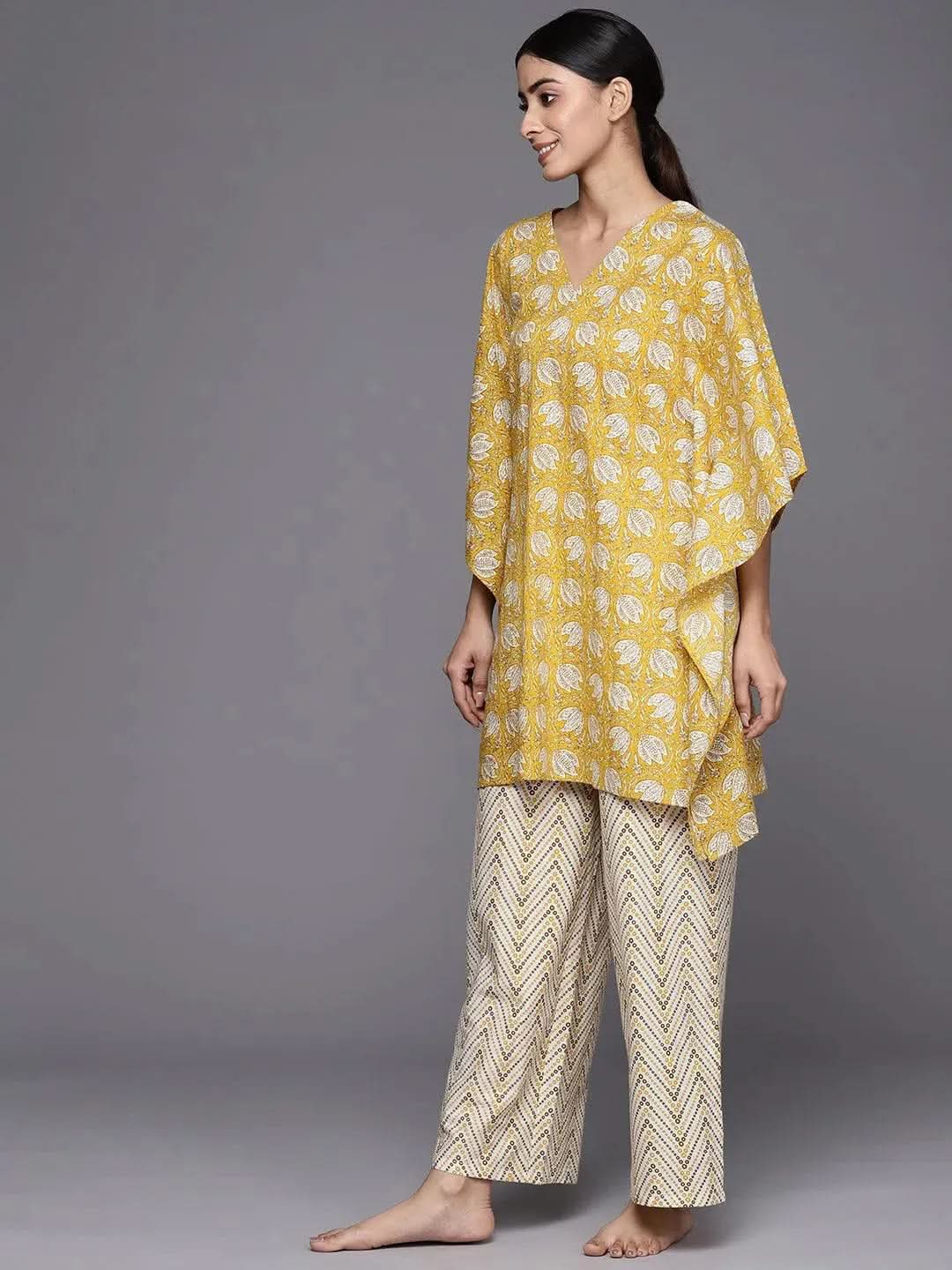 Anouk Mustard Printed Cotton Night Suit