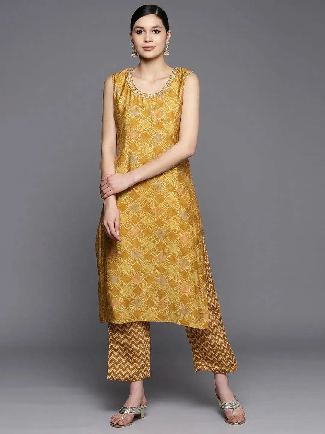 Anouk Mustard Printed Silk Blend Straight Kurta With Trousers