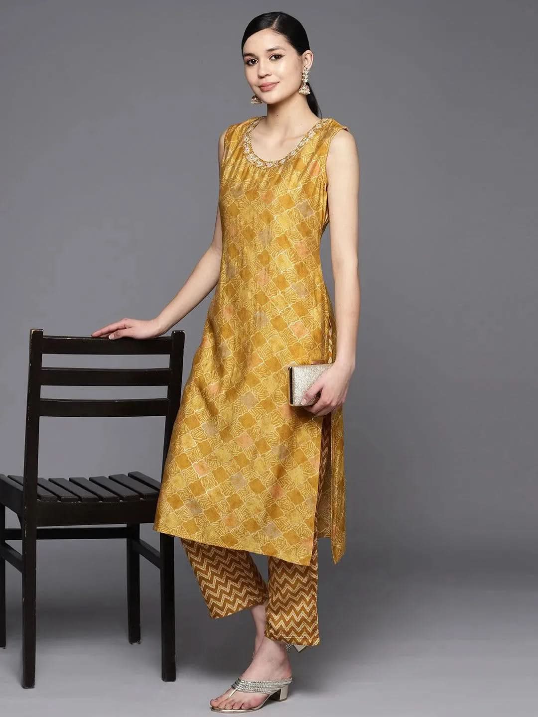Anouk Mustard Printed Silk Blend Straight Kurta With Trousers