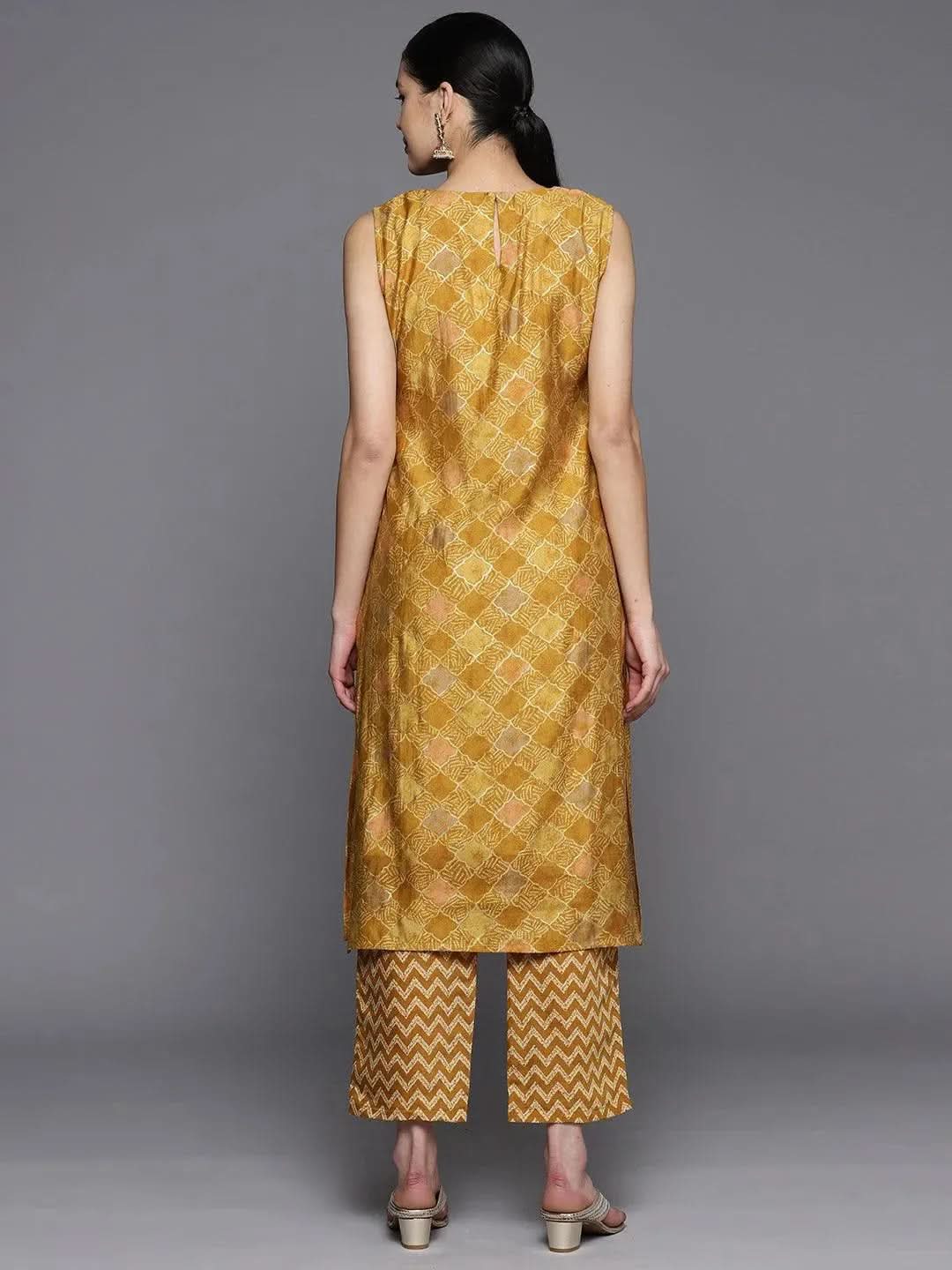Anouk Mustard Printed Silk Blend Straight Kurta With Trousers