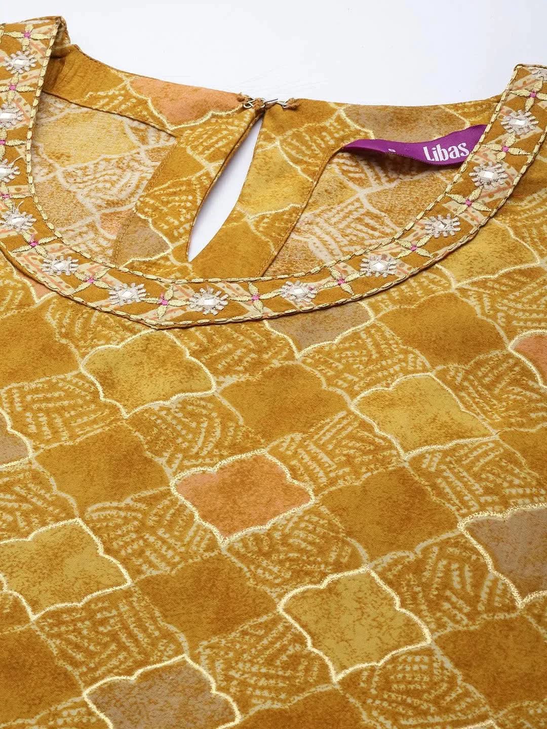 Anouk Mustard Printed Silk Blend Straight Kurta With Trousers
