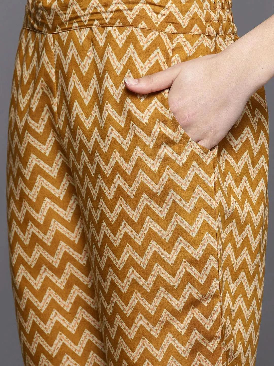 Anouk Mustard Printed Silk Blend Straight Kurta With Trousers