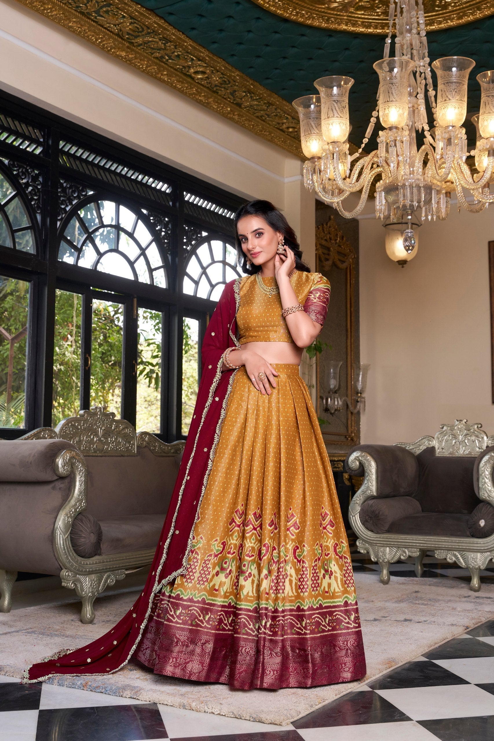 Mustard Regal Kanchipuram Zari Woven Lehenga Set with Embroidered Georgette Dupatta – Stitched Lehenga & Unstitched Blouse