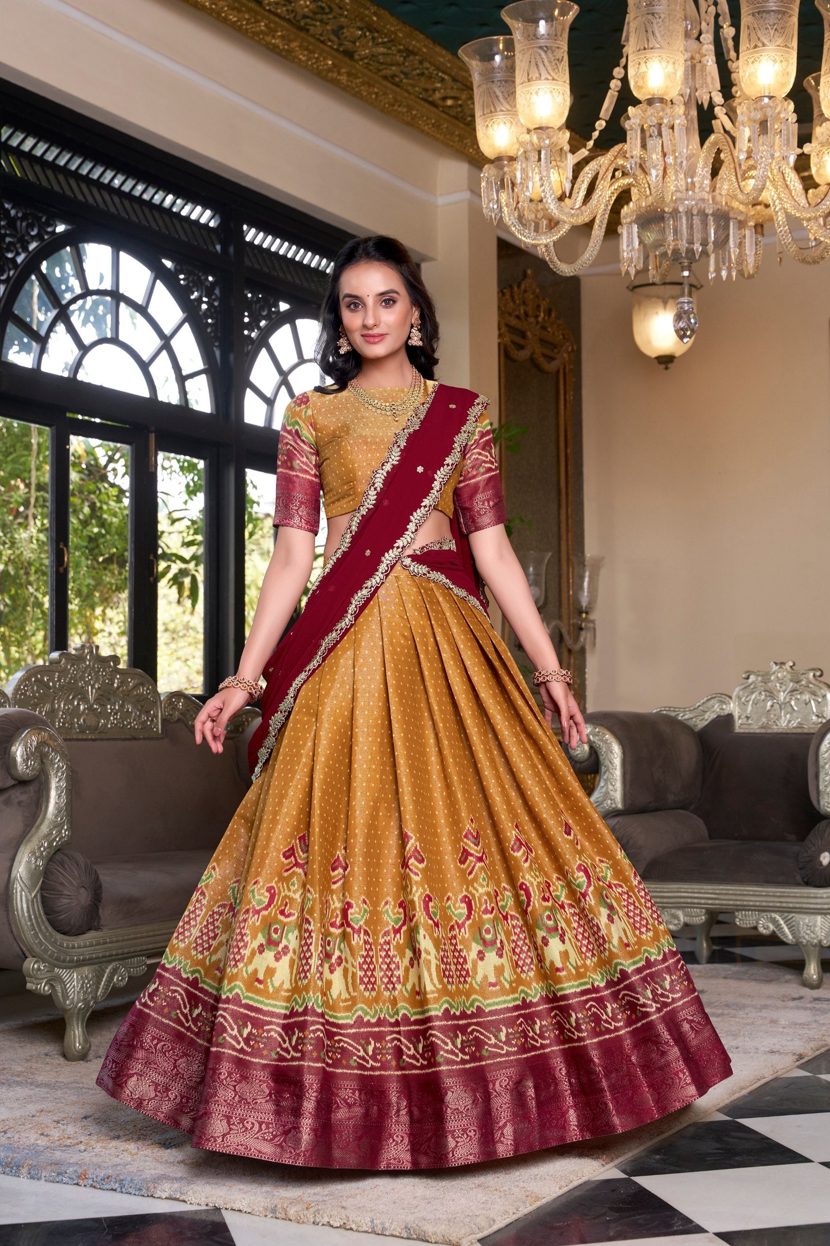 Mustard Regal Kanchipuram Zari Woven Lehenga Set with Embroidered Georgette Dupatta – Stitched Lehenga & Unstitched Blouse