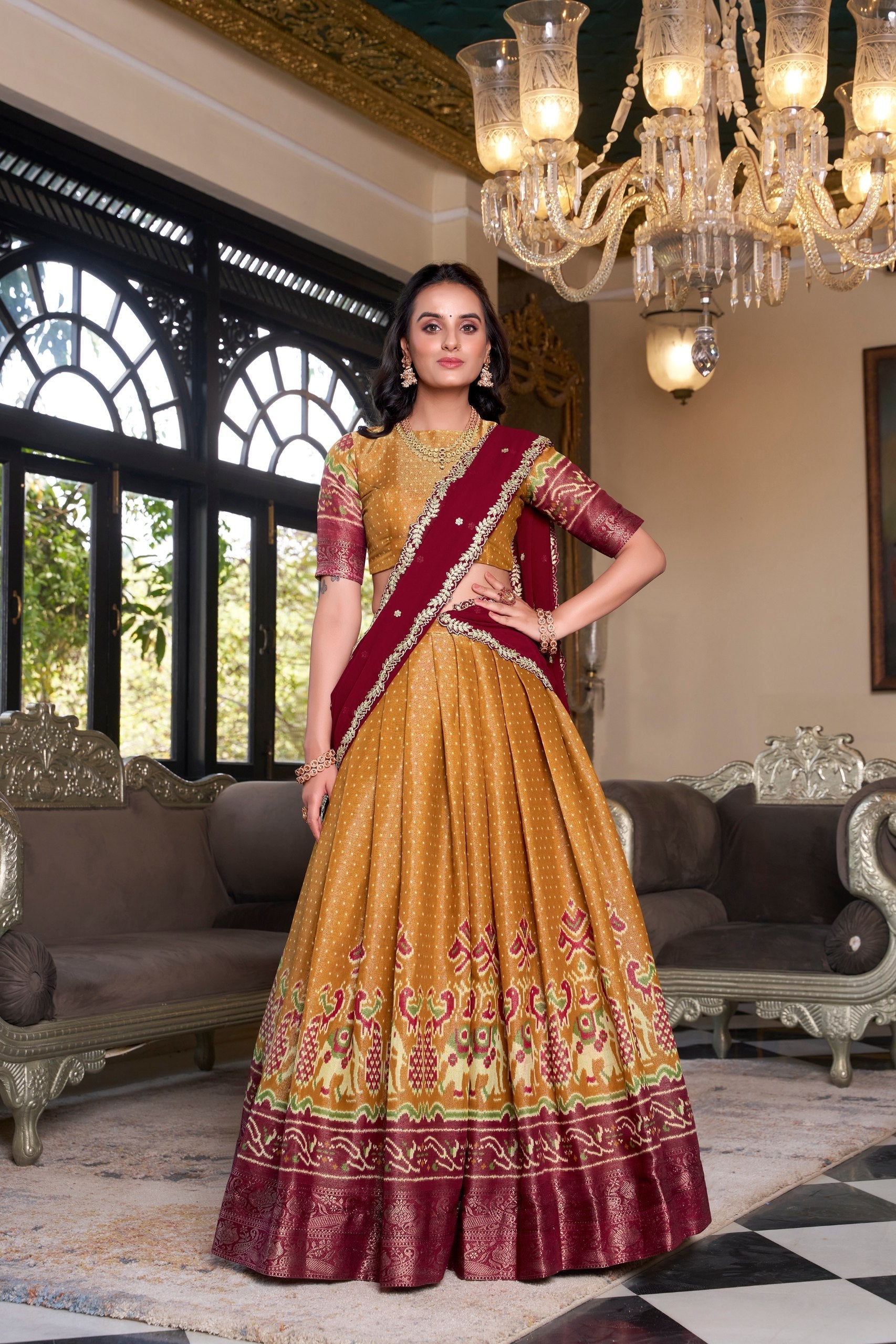 Mustard Regal Kanchipuram Zari Woven Lehenga Set with Embroidered Georgette Dupatta – Stitched Lehenga & Unstitched Blouse