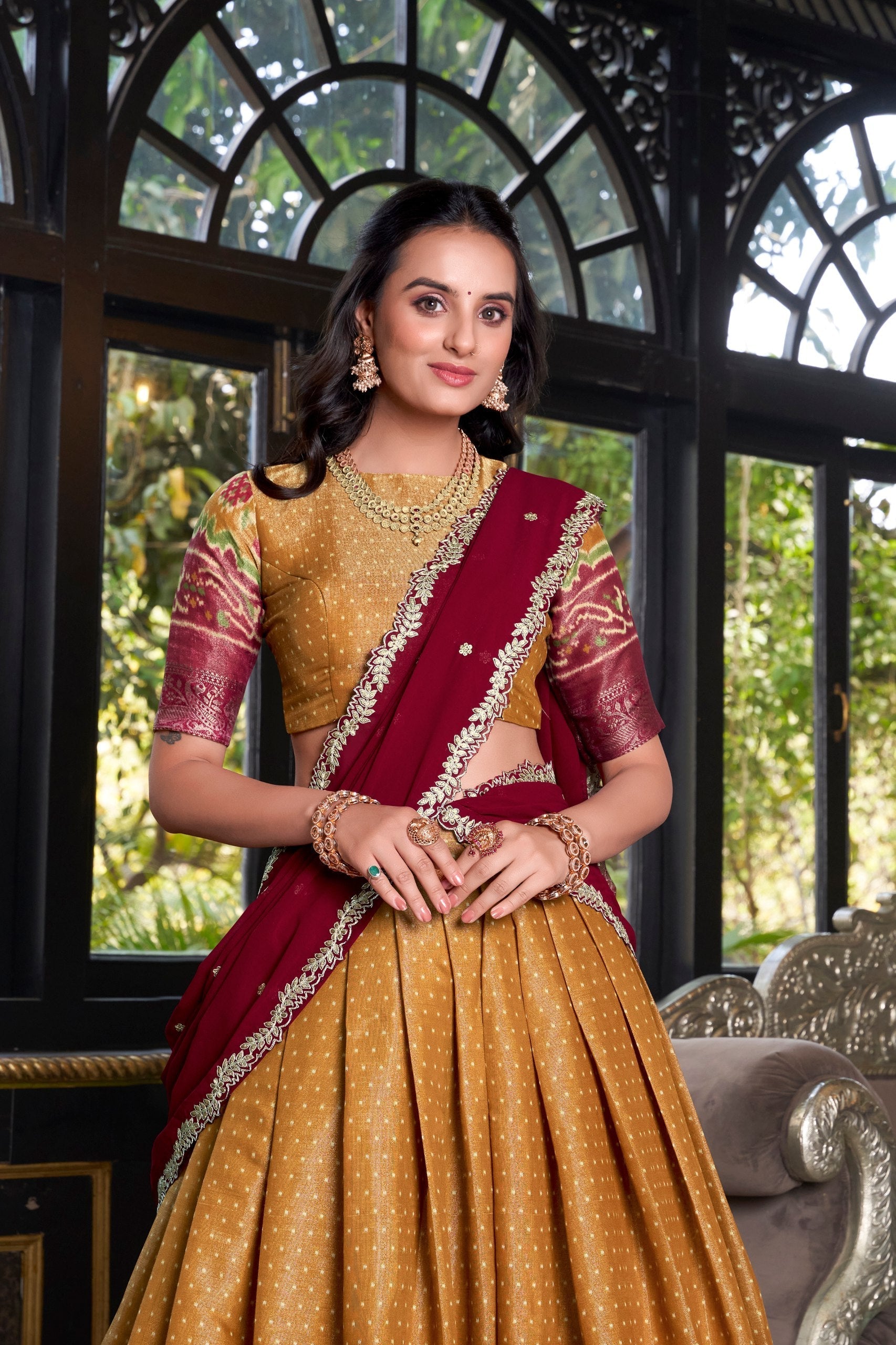 Mustard Regal Kanchipuram Zari Woven Lehenga Set with Embroidered Georgette Dupatta – Stitched Lehenga & Unstitched Blouse