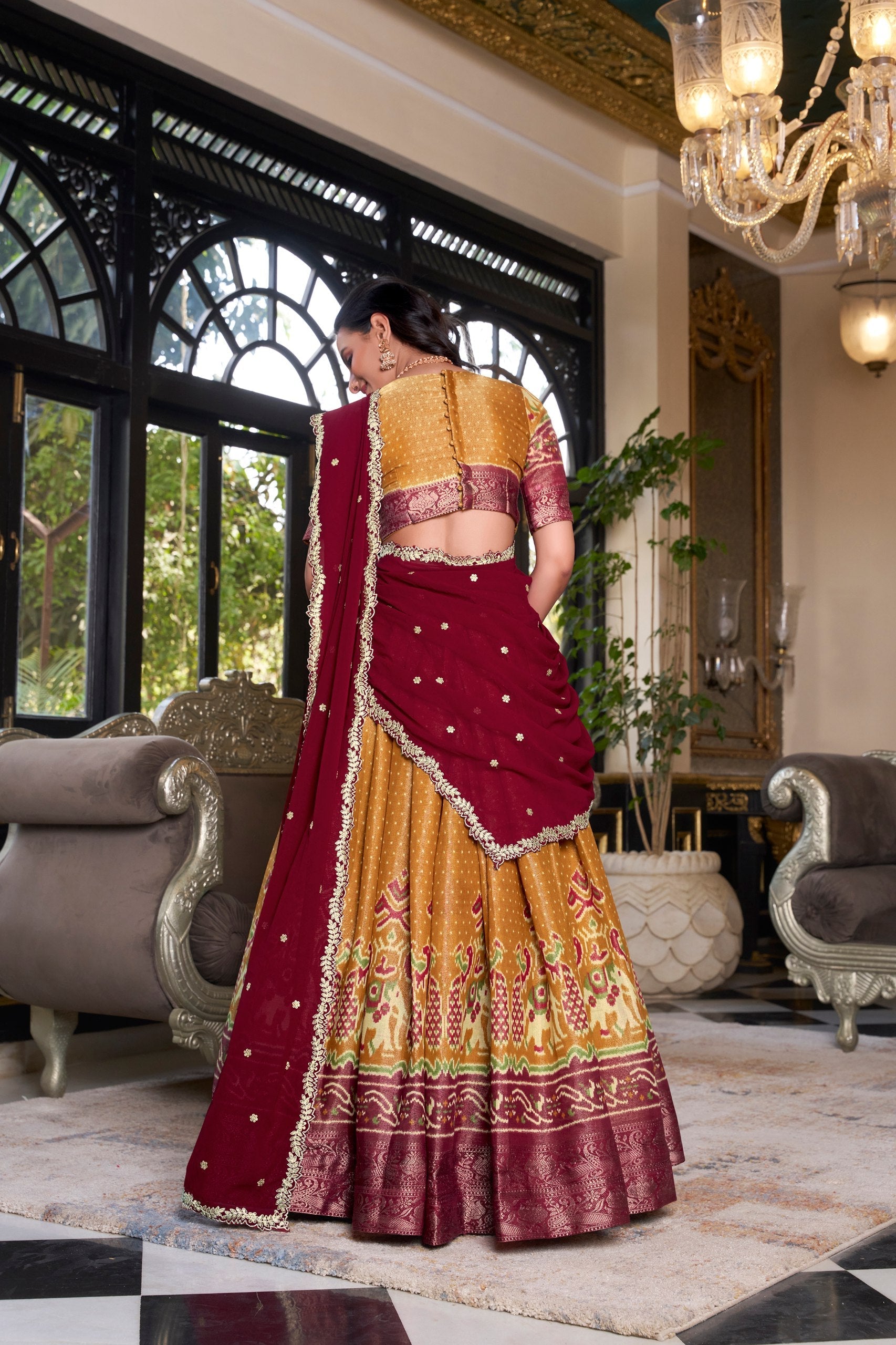 Mustard Regal Kanchipuram Zari Woven Lehenga Set with Embroidered Georgette Dupatta – Stitched Lehenga & Unstitched Blouse