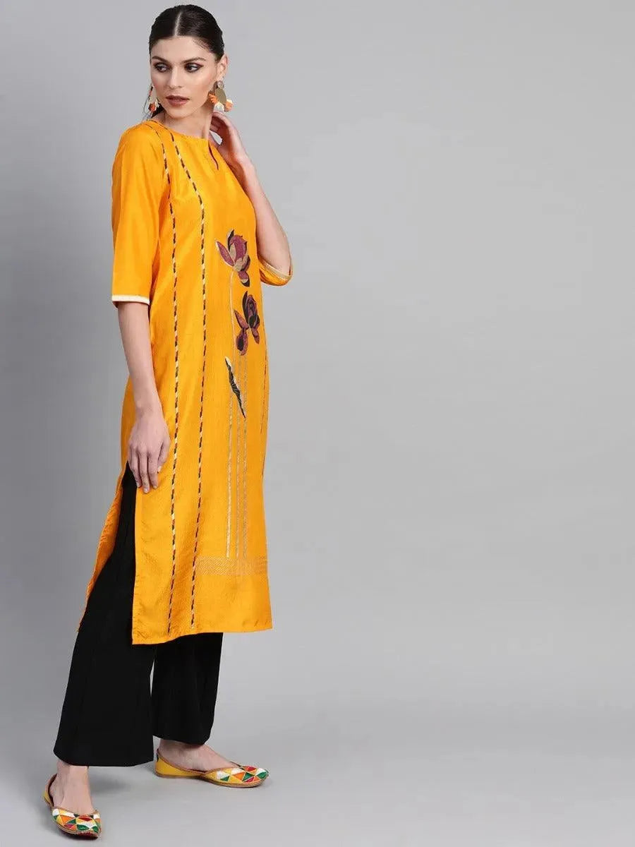 Anouk Mustard Self Design Chanderi Kurta