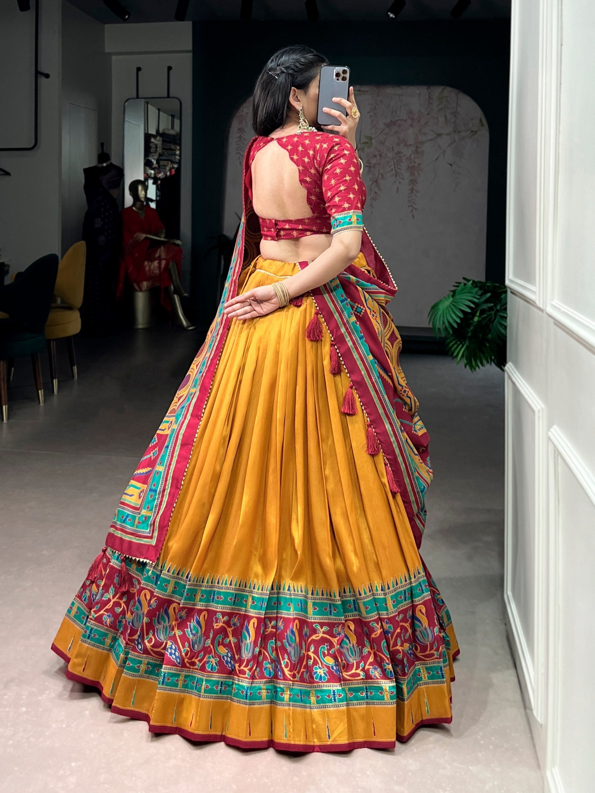 Mustard Silk Printed Lehenga Set