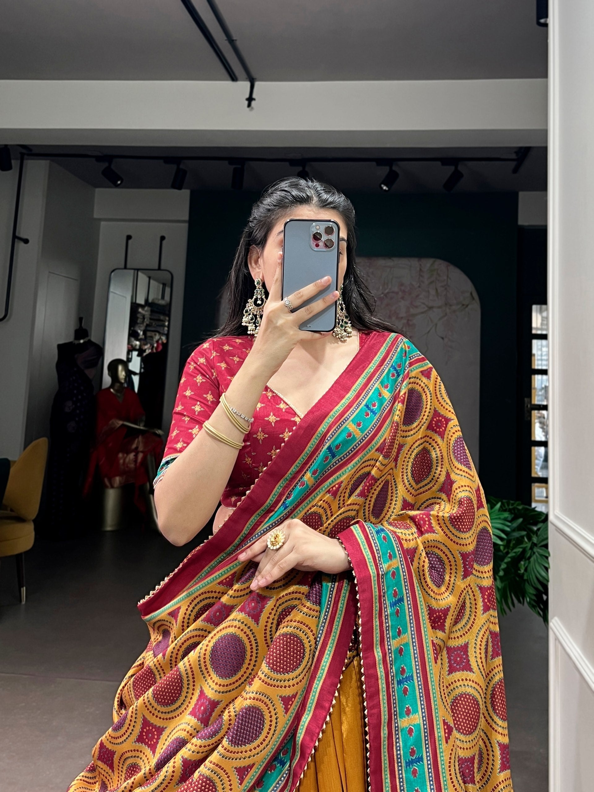 Mustard Silk Printed Lehenga Set