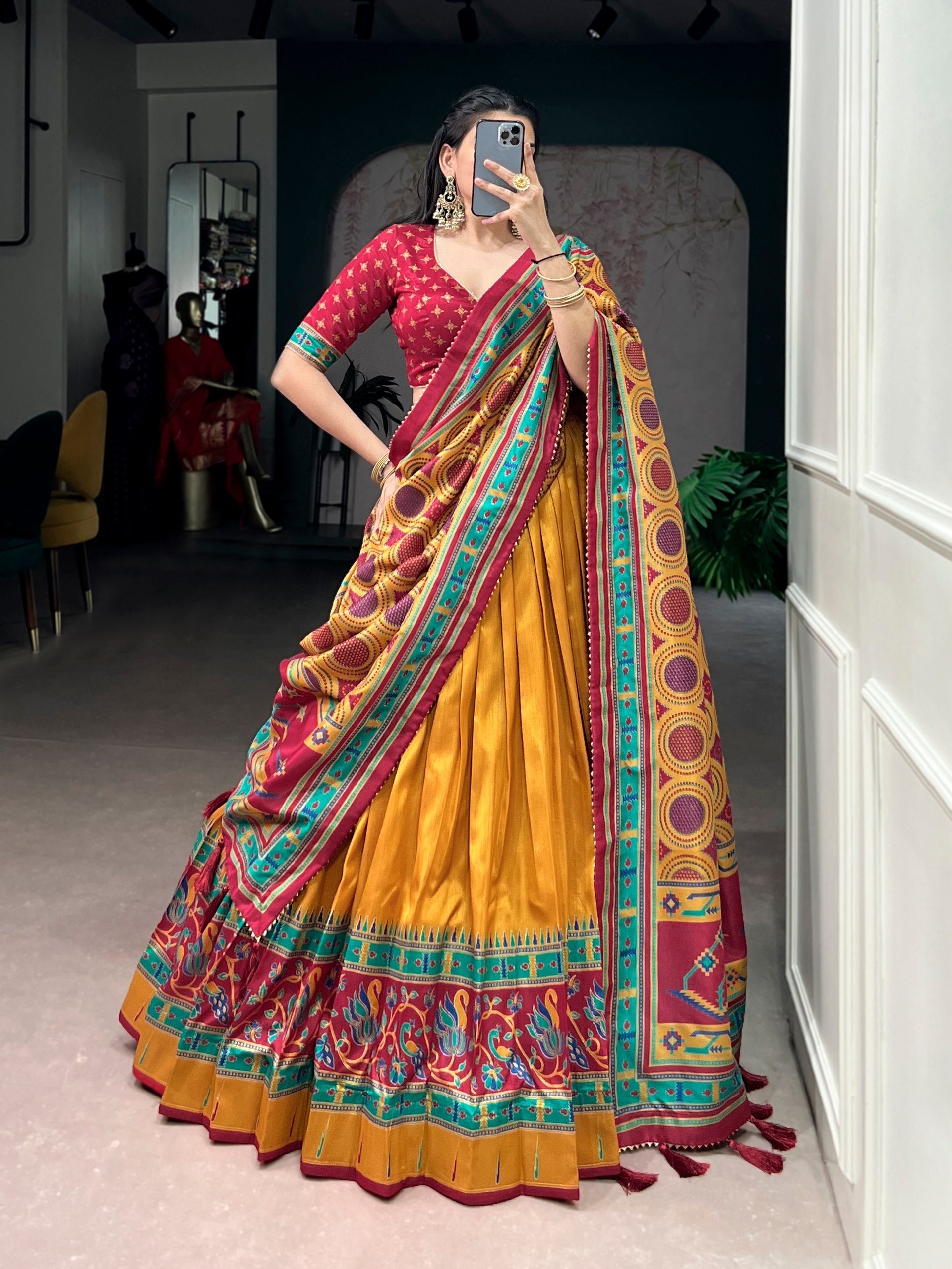 Mustard Silk Printed Lehenga Set