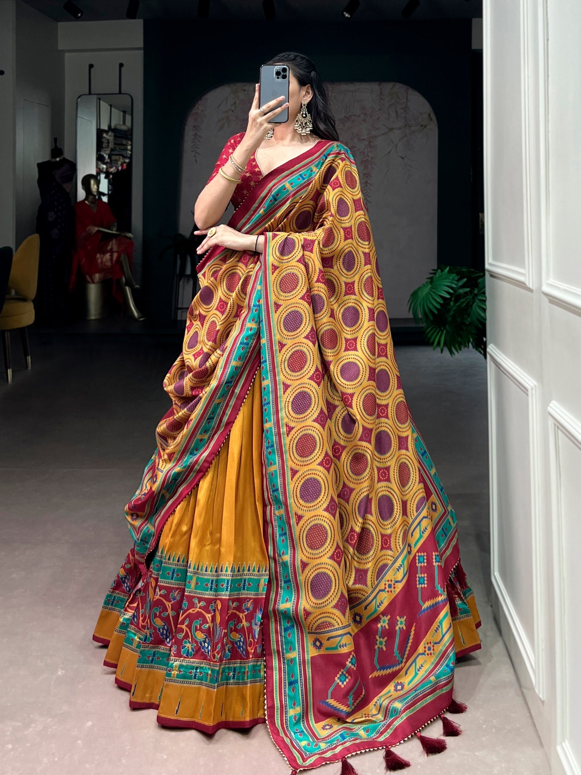 Mustard Silk Printed Lehenga Set