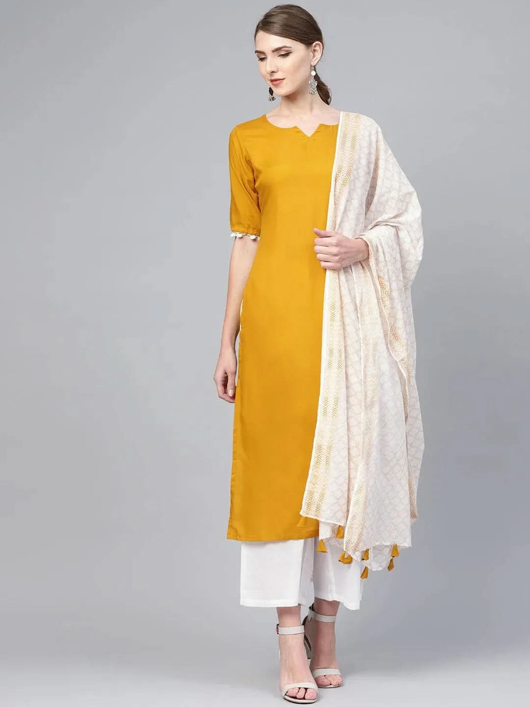 Anouk Mustard Solid Rayon Straight Kurta With Palazzos & Dupatta
