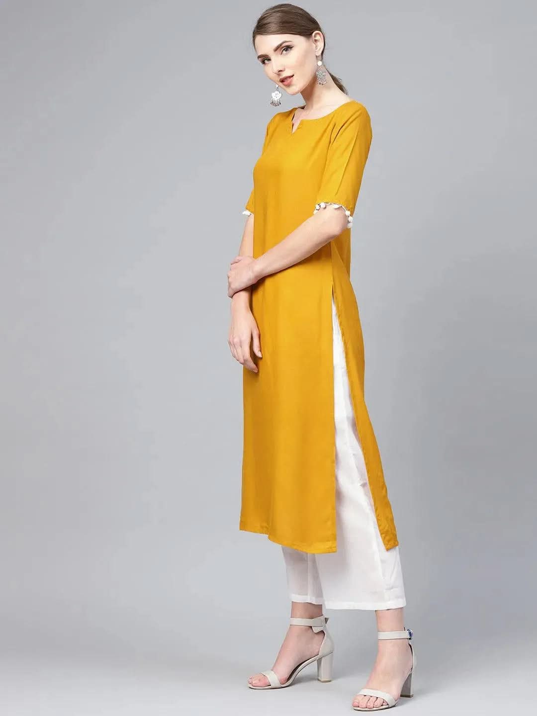 Anouk Mustard Solid Rayon Straight Kurta With Palazzos & Dupatta