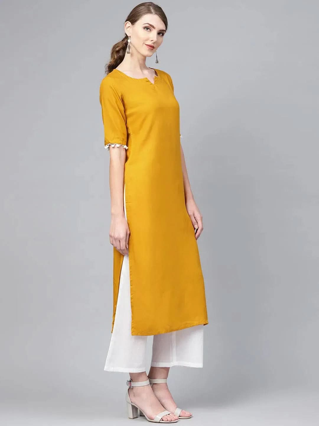 Anouk Mustard Solid Rayon Straight Kurta With Palazzos & Dupatta