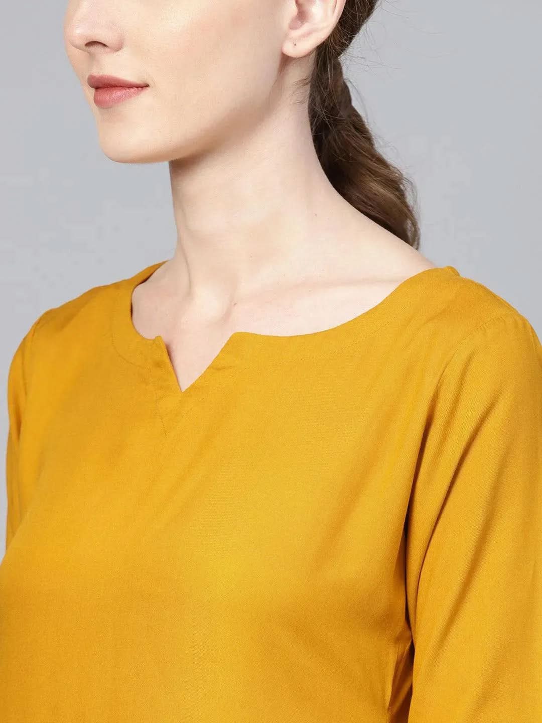 Anouk Mustard Solid Rayon Straight Kurta With Palazzos & Dupatta