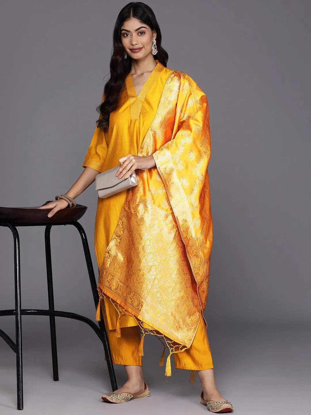 Anouk Mustard Solid Silk Blend Straight Suit With Dupatta