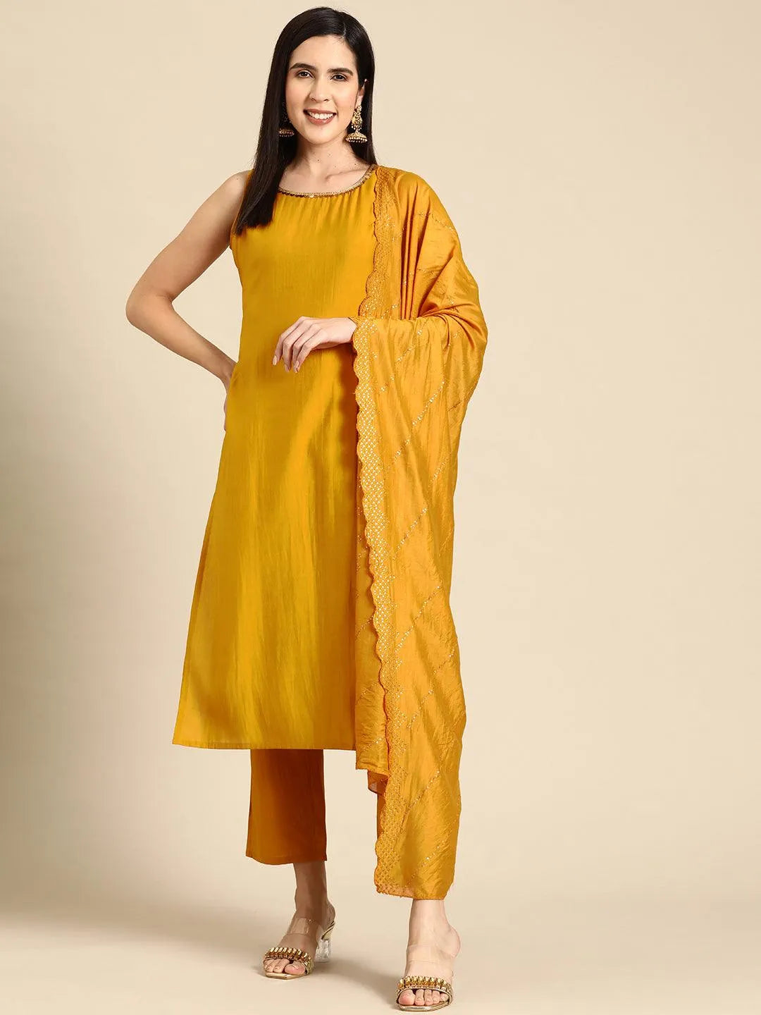 Anouk Mustard Solid Silk Blend Straight Suit With Dupatta