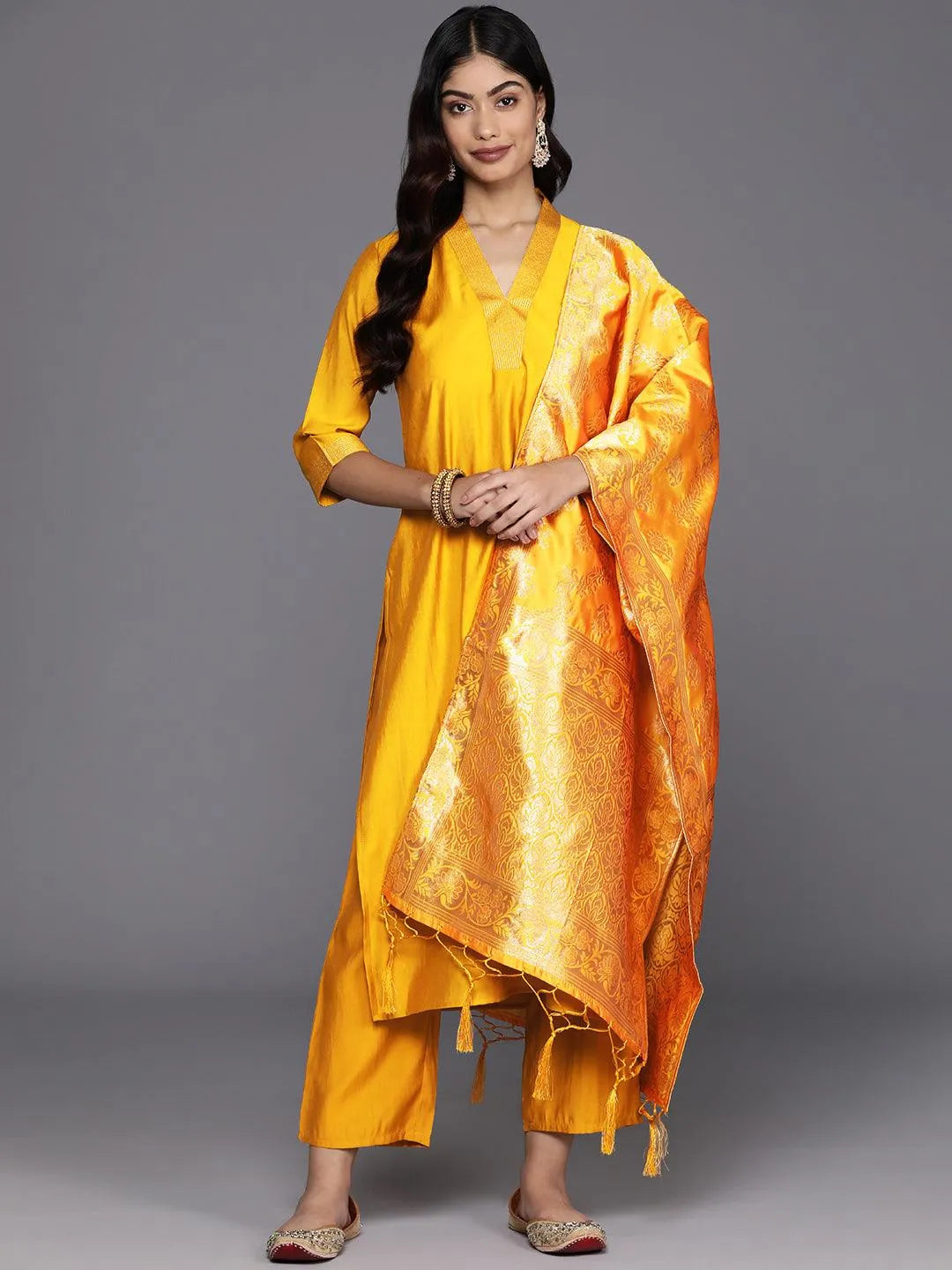 Anouk Mustard Solid Silk Blend Straight Suit With Dupatta