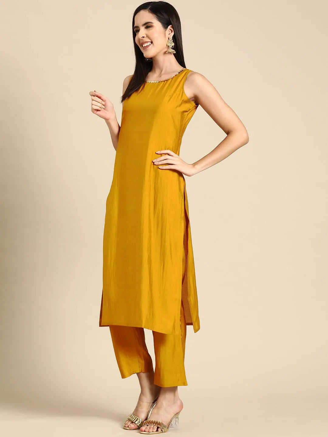 Anouk Mustard Solid Silk Blend Straight Suit With Dupatta