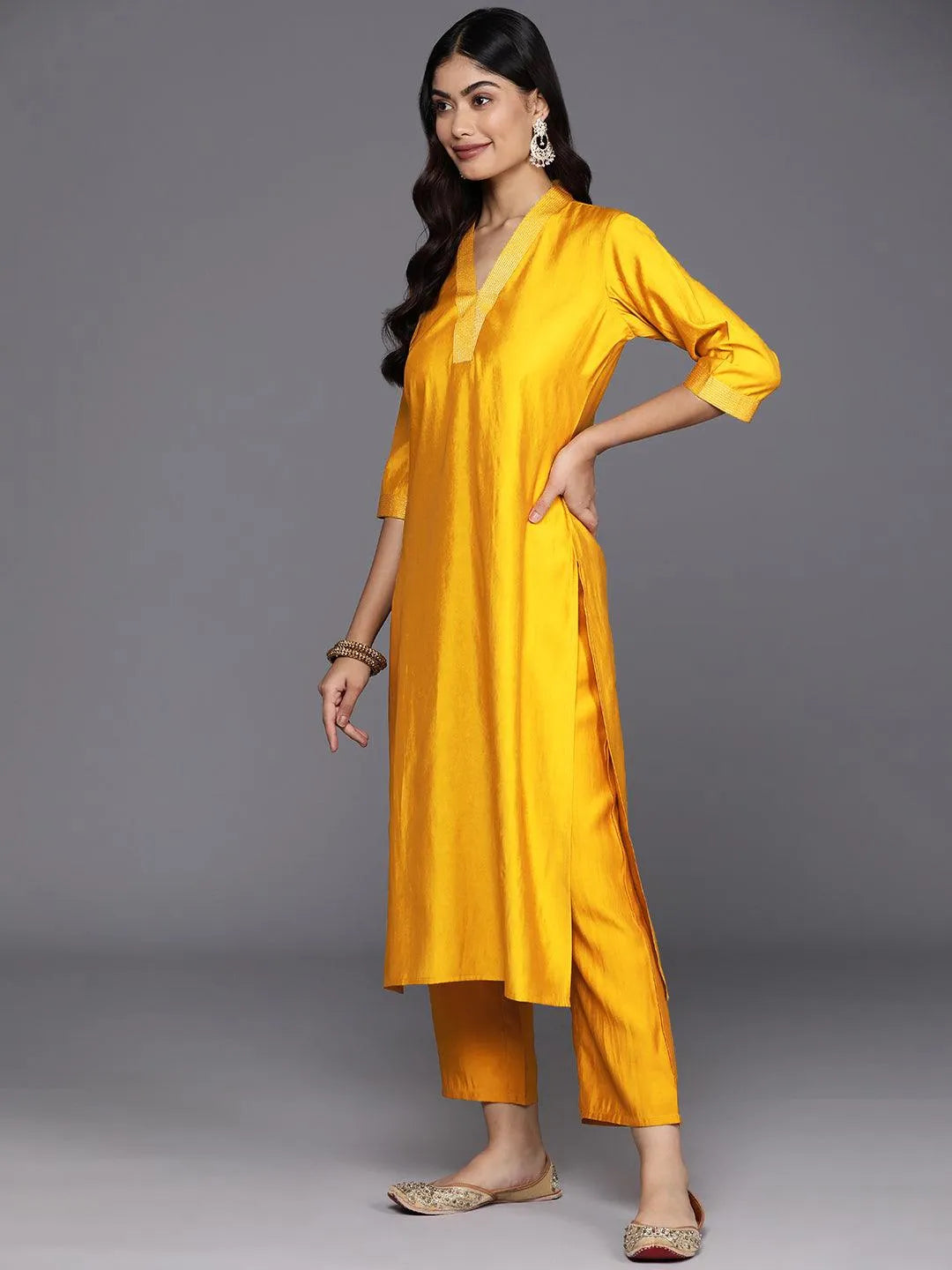 Anouk Mustard Solid Silk Blend Straight Suit With Dupatta