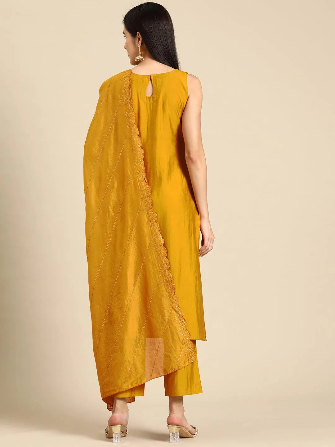 Anouk Mustard Solid Silk Blend Straight Suit With Dupatta