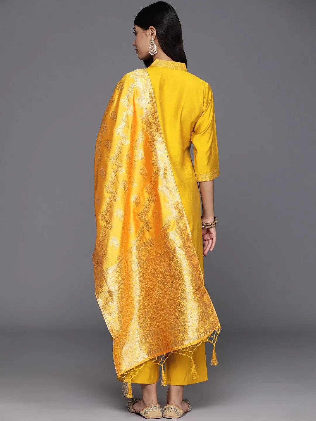 Anouk Mustard Solid Silk Blend Straight Suit With Dupatta