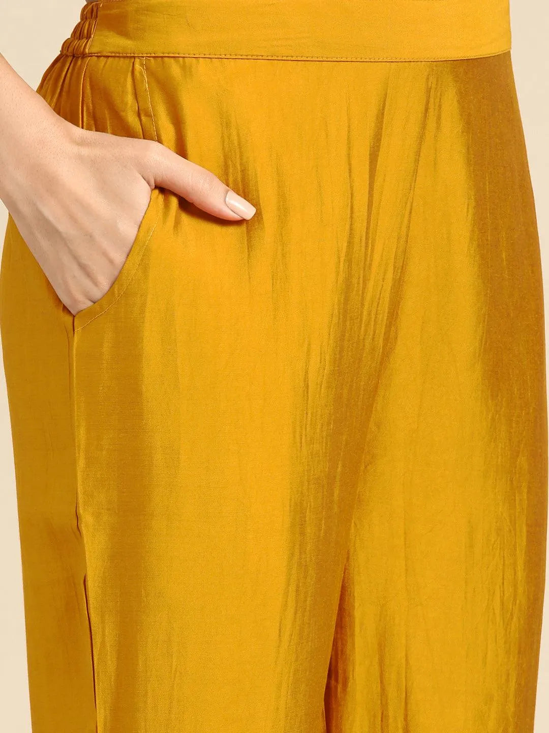 Anouk Mustard Solid Silk Blend Straight Suit With Dupatta
