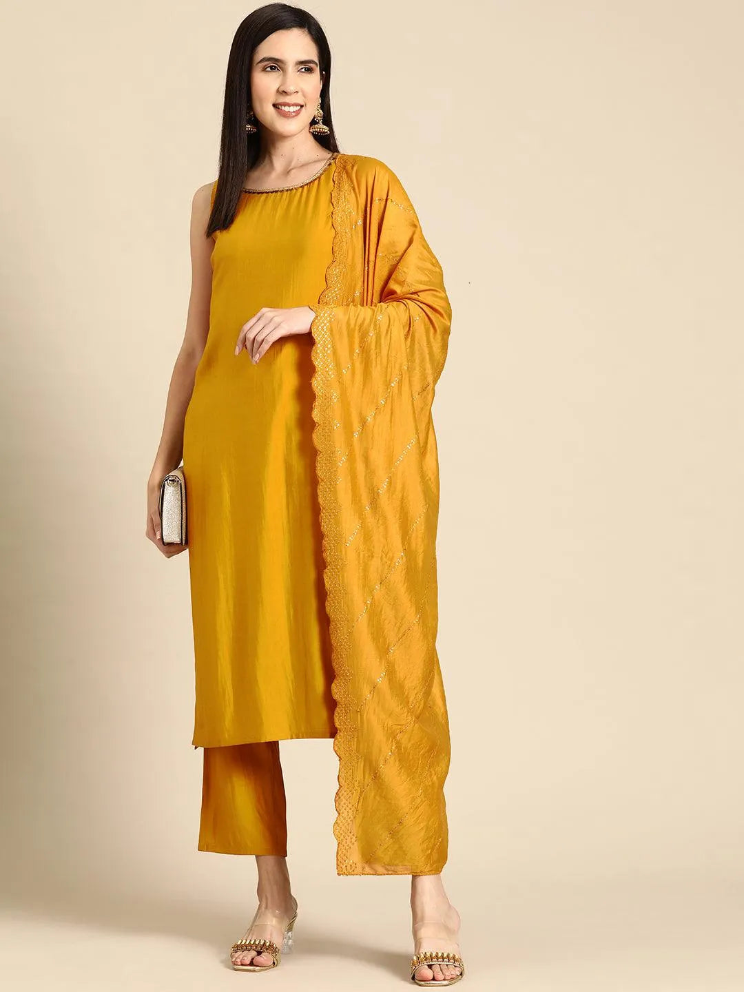 Anouk Mustard Solid Silk Blend Straight Suit With Dupatta