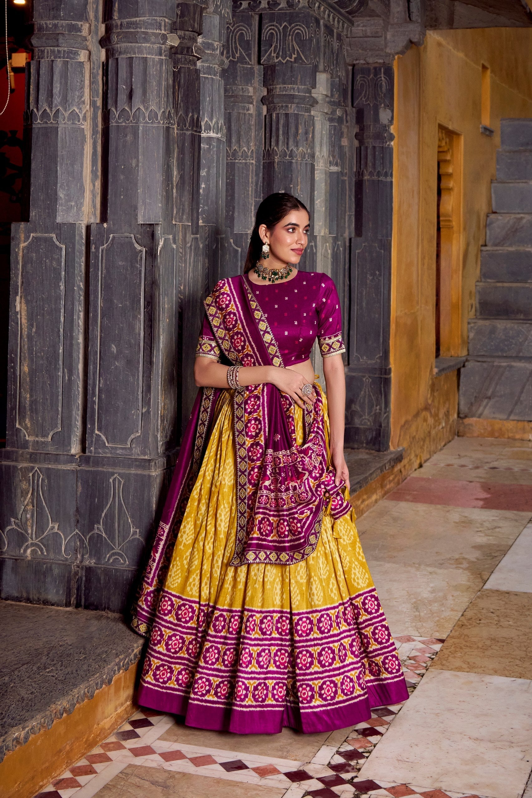 Mustard Tasar Silk Ikkat Print Lehenga Set with Embroidered Blouse & Dupatta