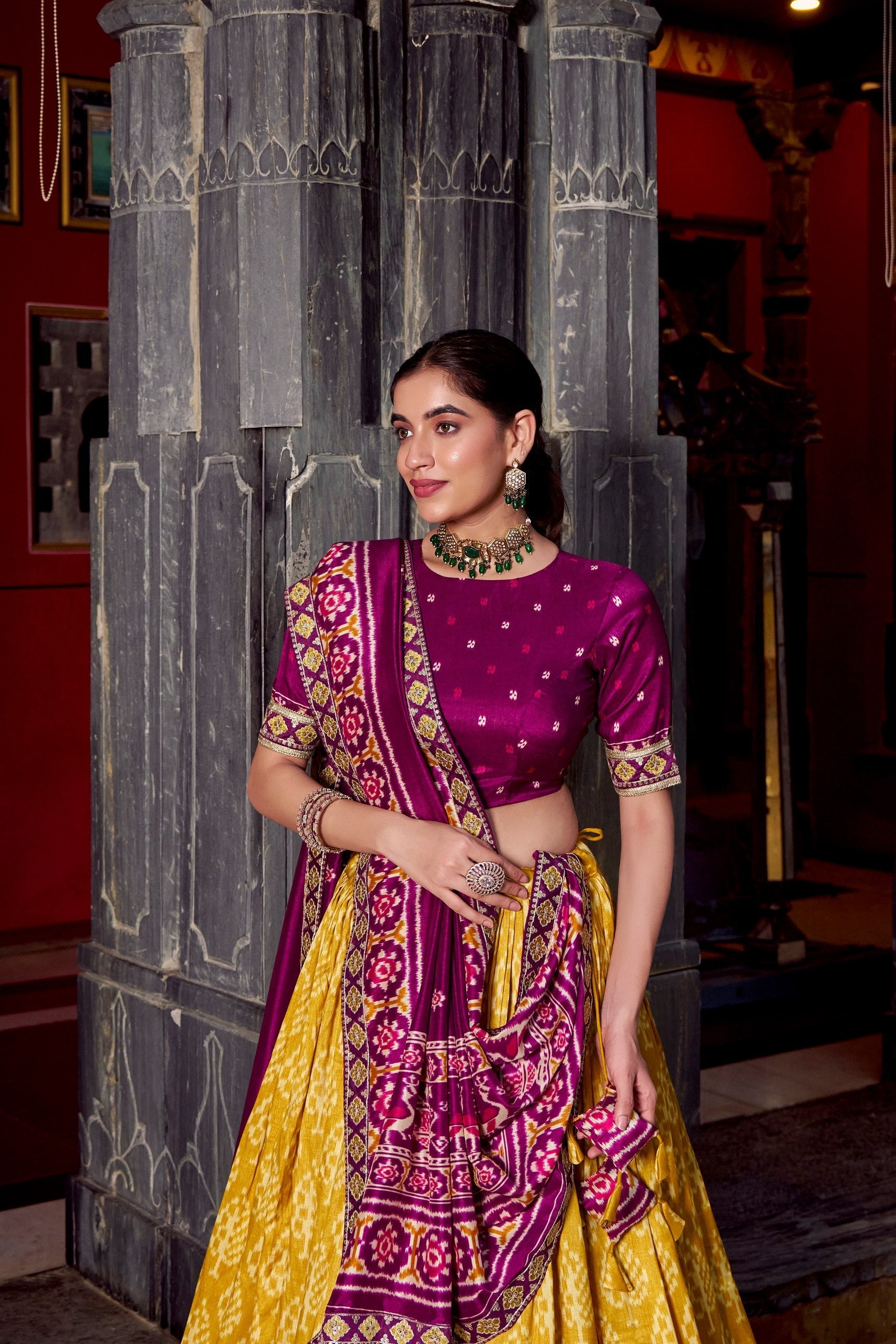 Mustard Tasar Silk Ikkat Print Lehenga Set with Embroidered Blouse & Dupatta