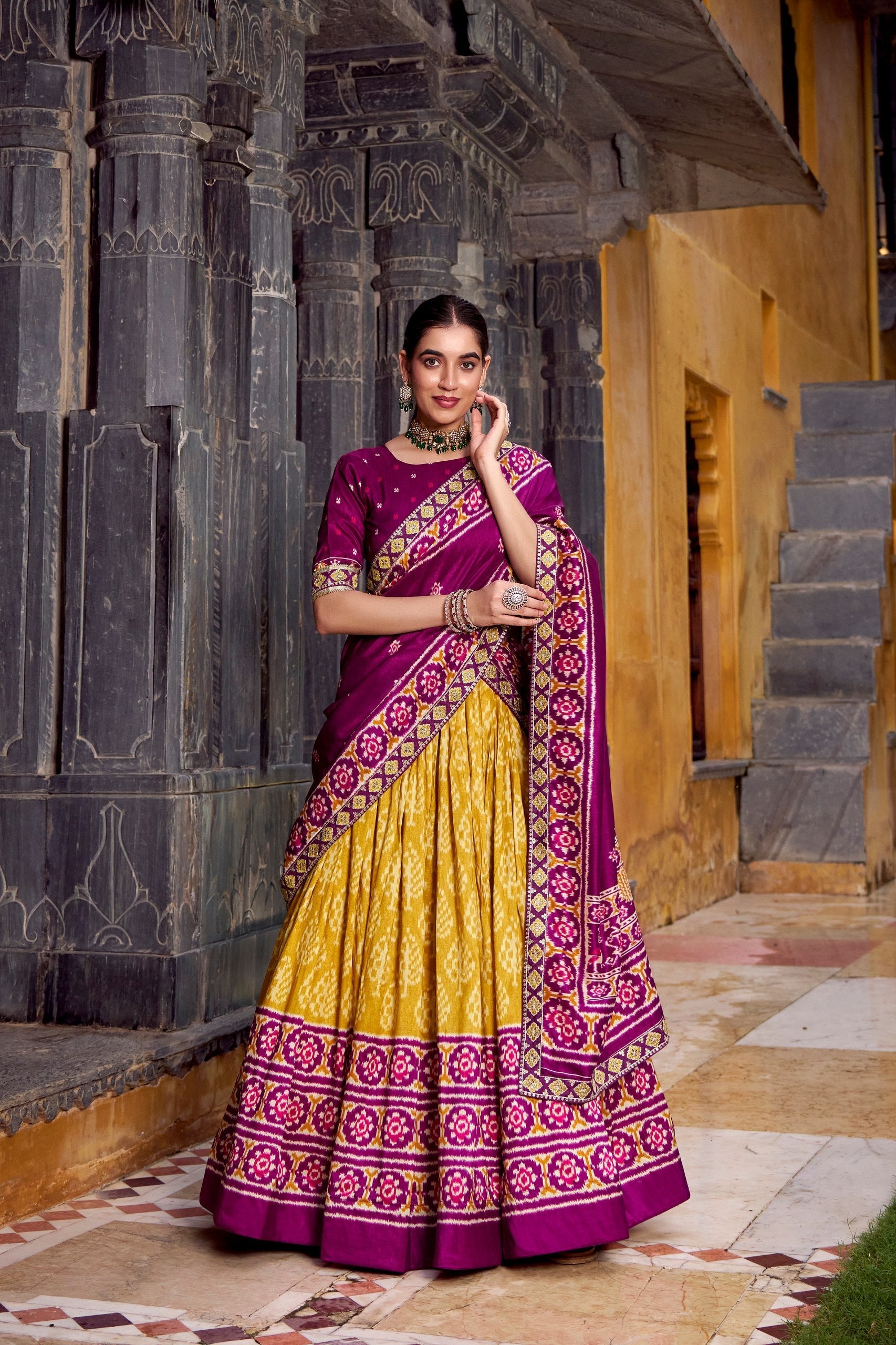 Mustard Tasar Silk Ikkat Print Lehenga Set with Embroidered Blouse & Dupatta