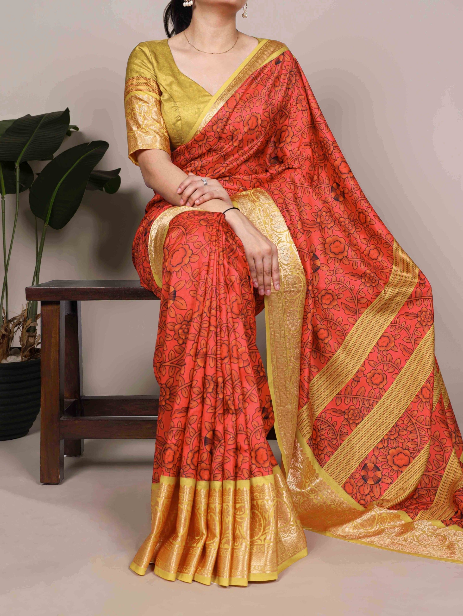 Mustard Tasar Silk Printed Saree