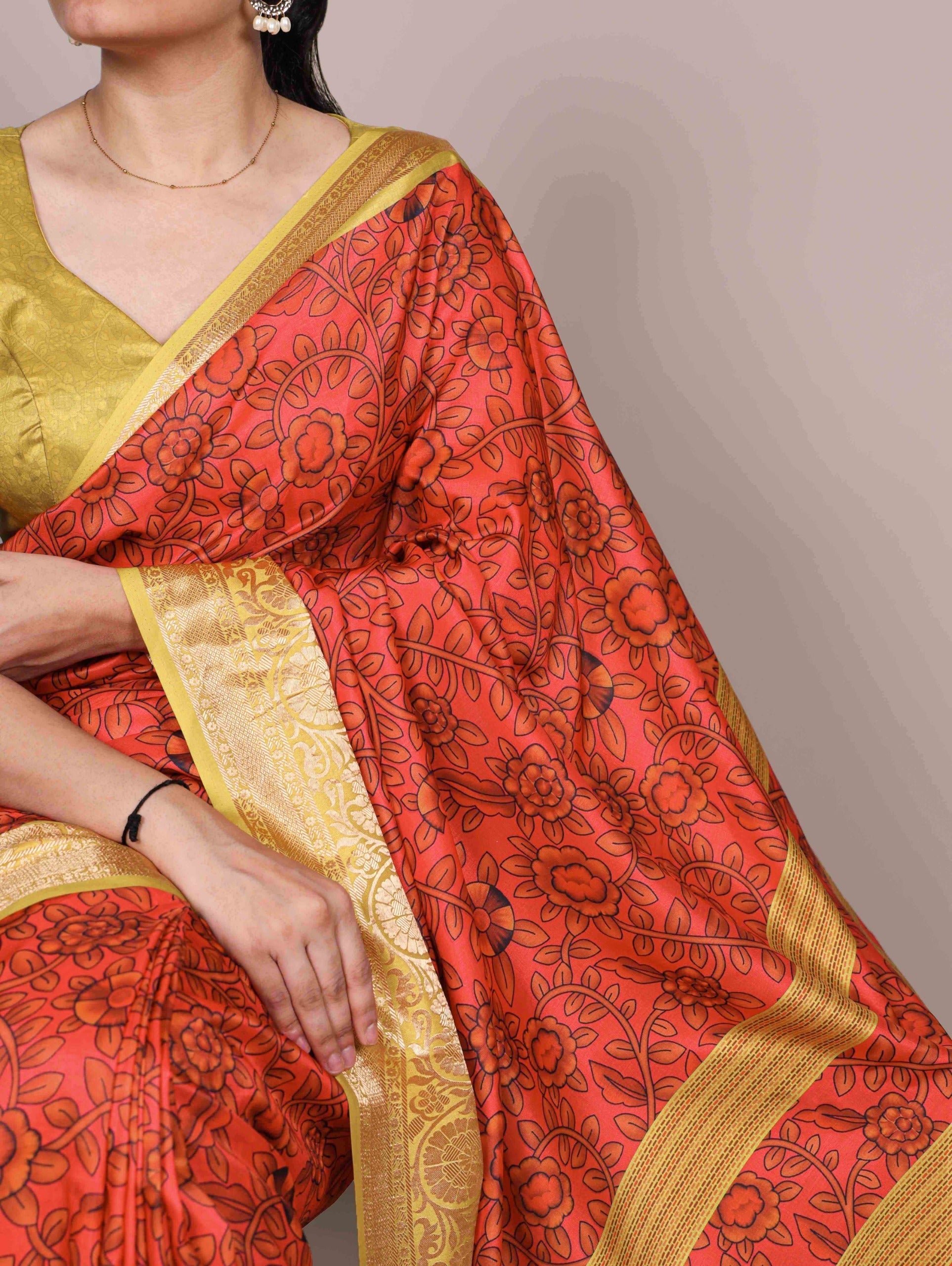 Mustard Tasar Silk Printed Saree