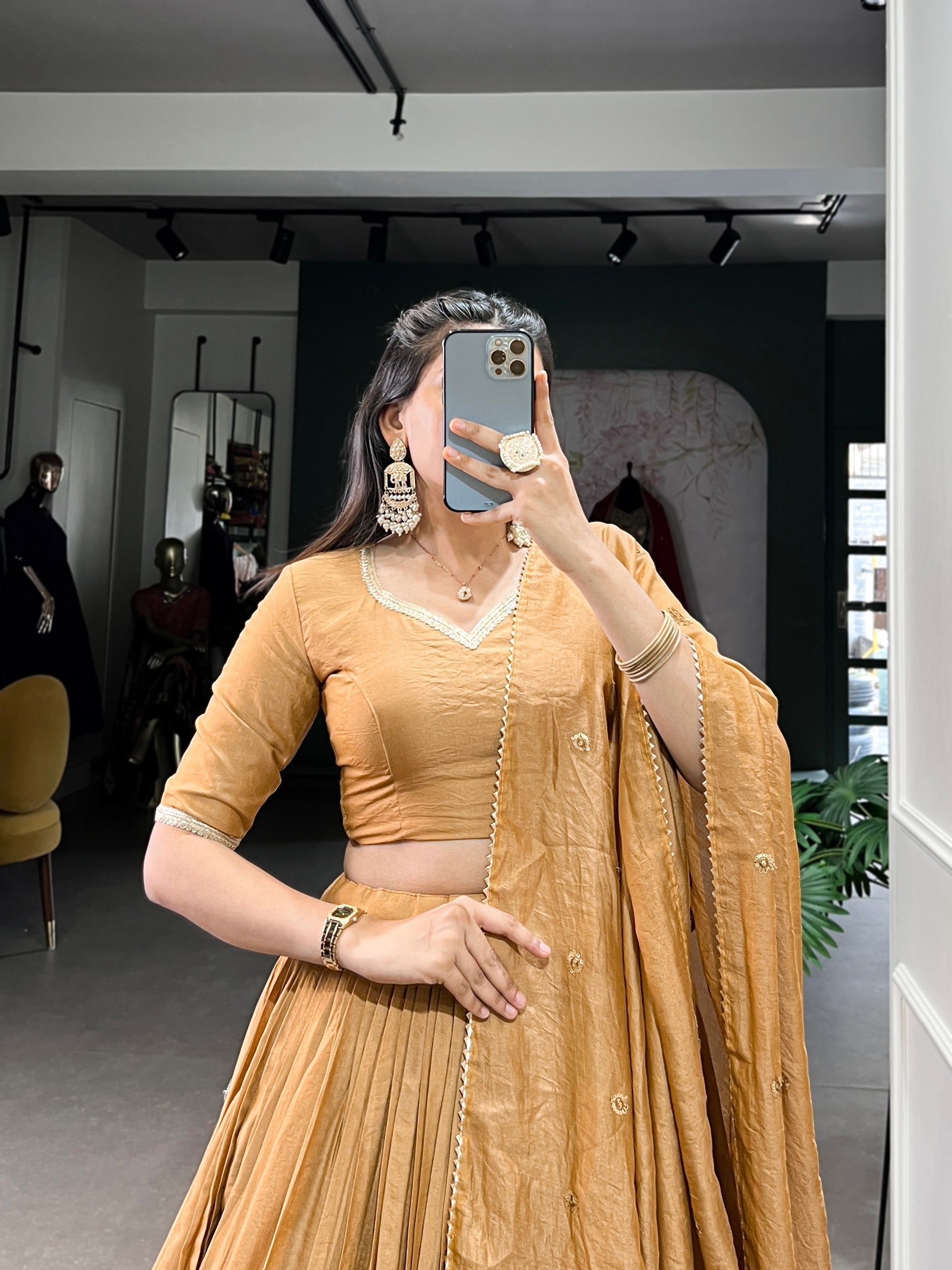 Mustard Timeless Elegance – Pure Chanderi Lehenga Set with Zari Border & Sequin Embellished Dupatta