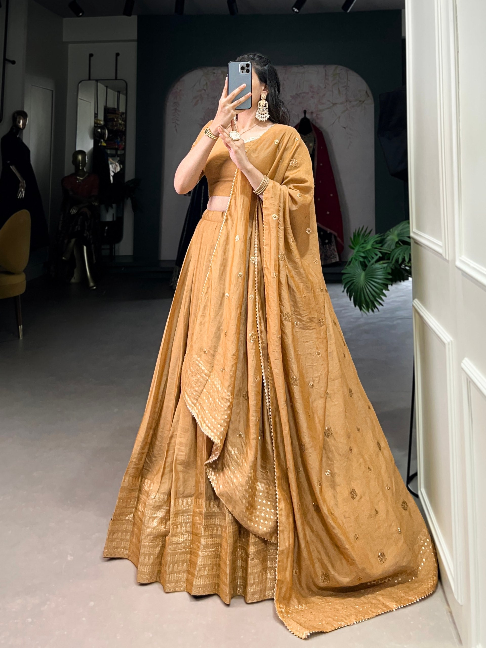 Mustard Timeless Elegance – Pure Chanderi Lehenga Set with Zari Border & Sequin Embellished Dupatta