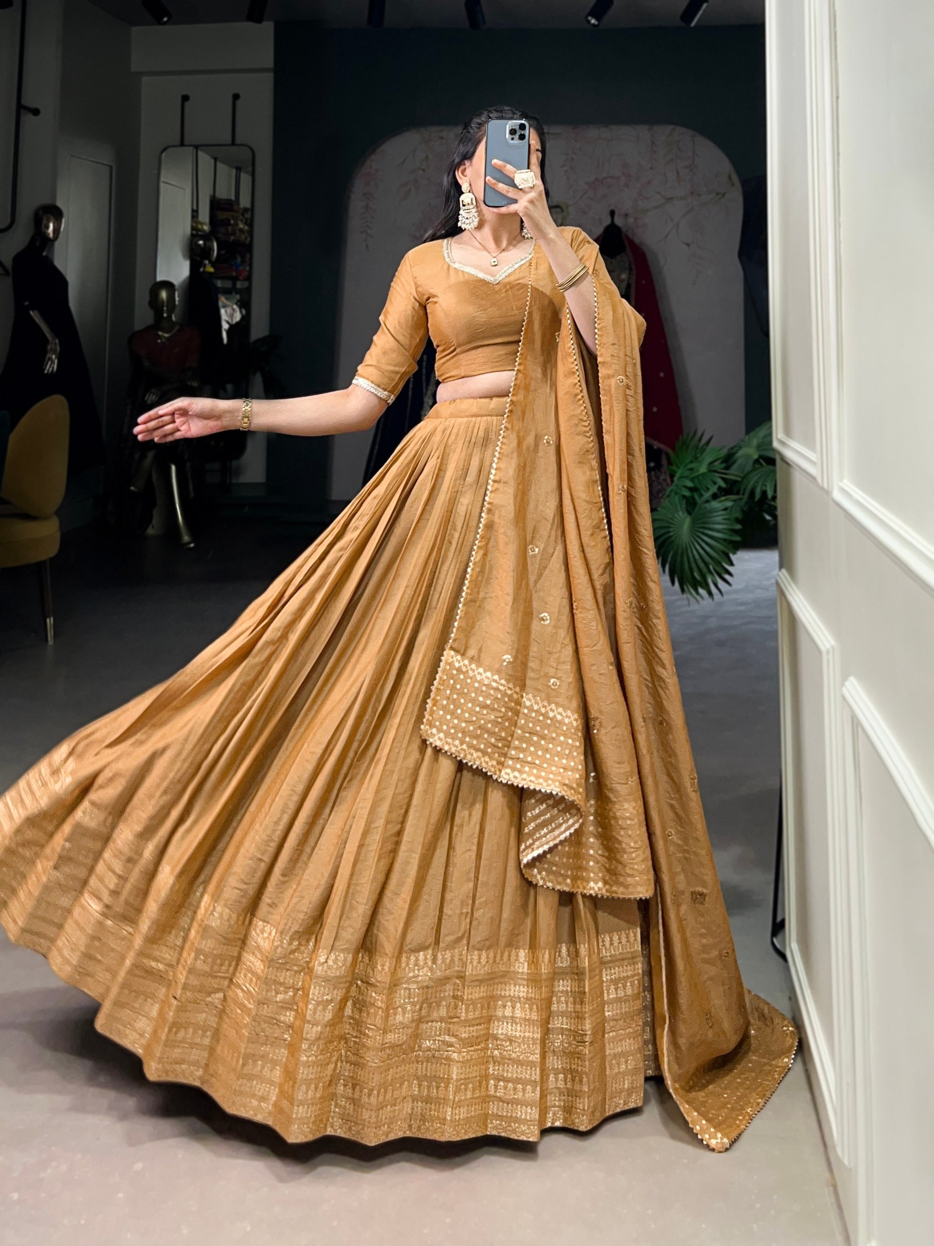 Mustard Timeless Elegance – Pure Chanderi Lehenga Set with Zari Border & Sequin Embellished Dupatta