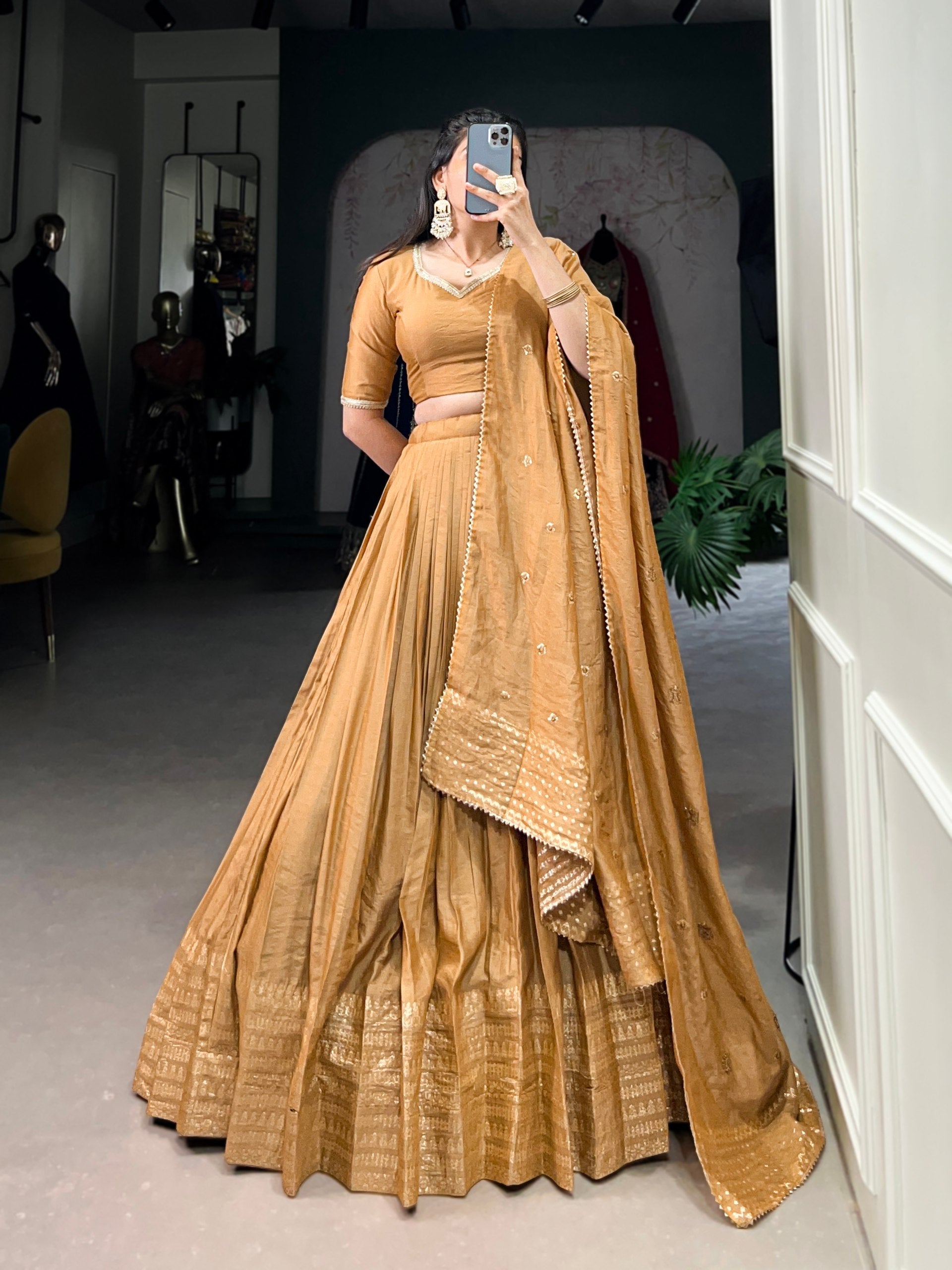 Mustard Timeless Elegance – Pure Chanderi Lehenga Set with Zari Border & Sequin Embellished Dupatta