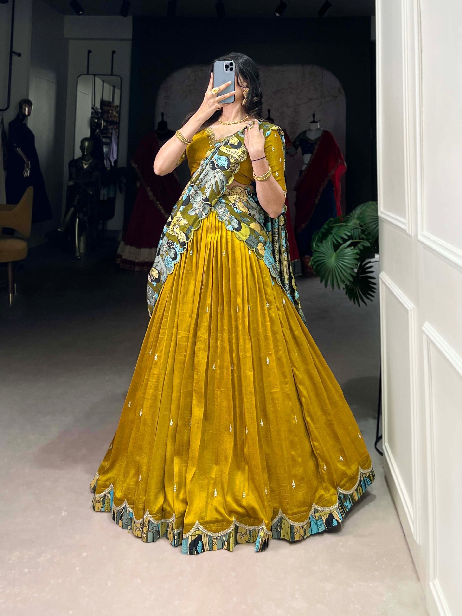 Mustard Vichitra Silk Embroidered Lehenga Set with Kalamkari Print Dupatta