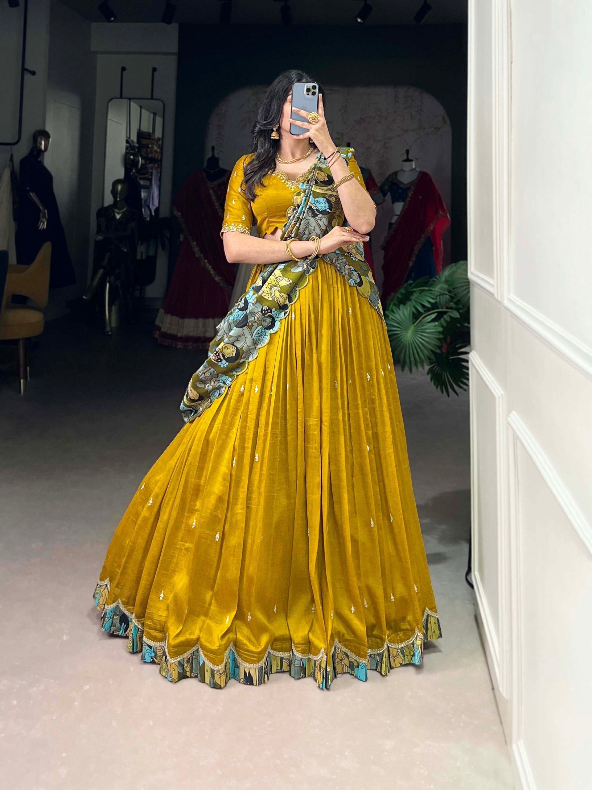 Mustard Vichitra Silk Embroidered Lehenga Set with Kalamkari Print Dupatta