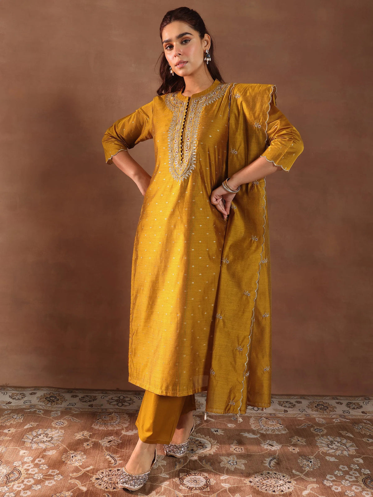 Anouk Mustard Woven Design Chanderi Silk Straight Suit With Dupatta