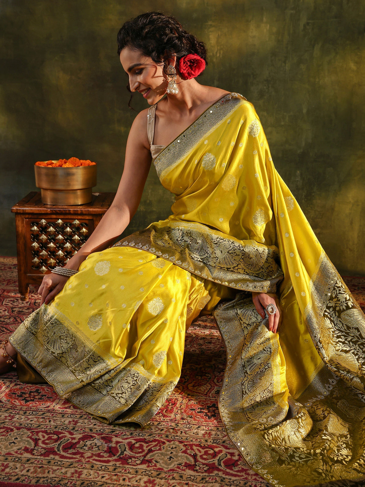 Anouk Mustard Woven Design Satin Banarasi Saree With Unstitched Blouse Piece