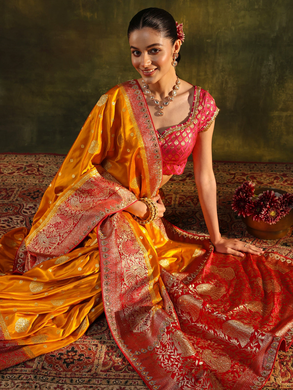 Anouk Mustard Woven Design Satin Banarasi Saree With Unstitched Blouse Piece