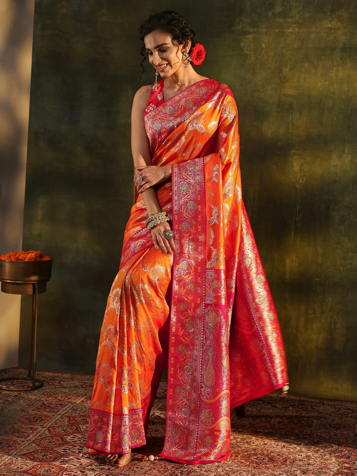 Anouk Mustard Woven Design Silk Blend Banarasi Saree With Unstitched Blouse Piece