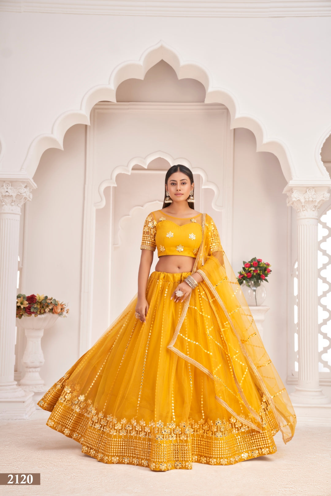 Mustard Yellow Butterfly Net Lehenga with Thread & Mirror Work Embroidery