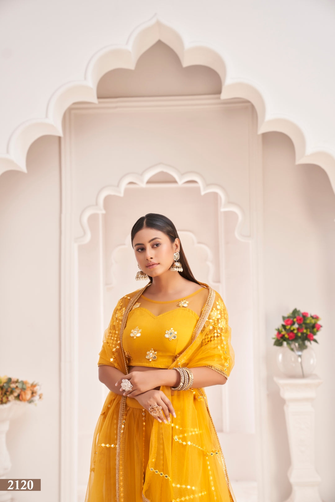Mustard Yellow Butterfly Net Lehenga with Thread & Mirror Work Embroidery