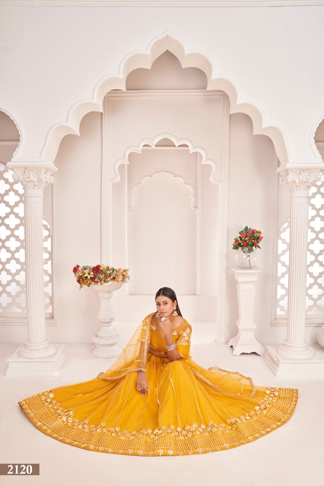 Mustard Yellow Butterfly Net Lehenga with Thread & Mirror Work Embroidery