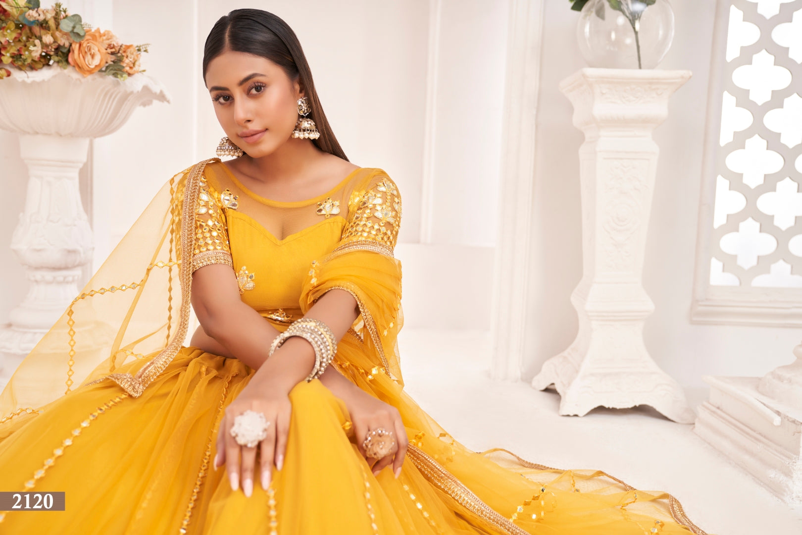 Mustard Yellow Butterfly Net Lehenga with Thread & Mirror Work Embroidery